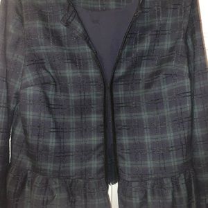 Tartan print, bouclé, rich green, navy and black cropped blazer